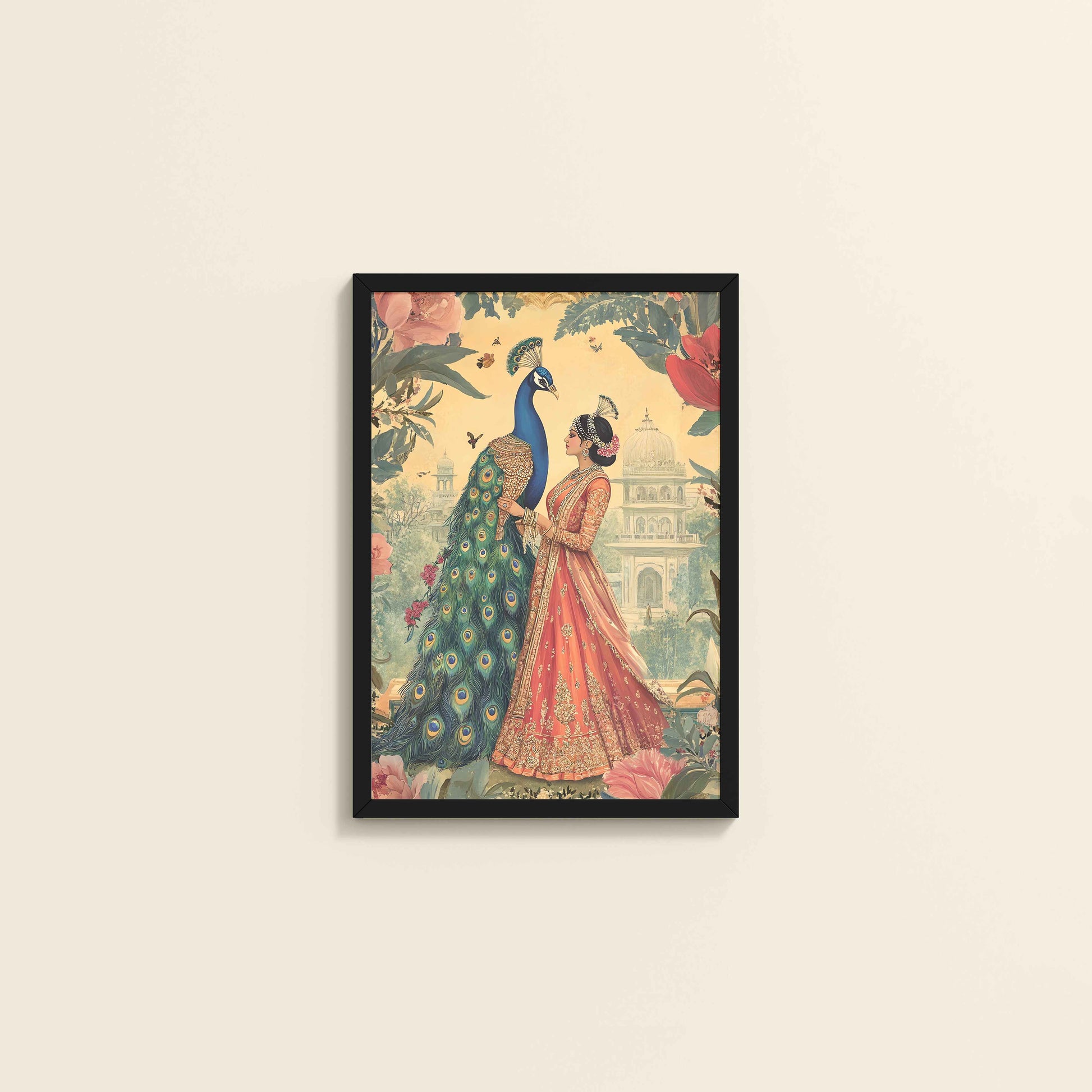 Wall View of Royal Queen with Beautiful Peacock – Timeless Mughal-Inspired Artwork in Black Color Frame