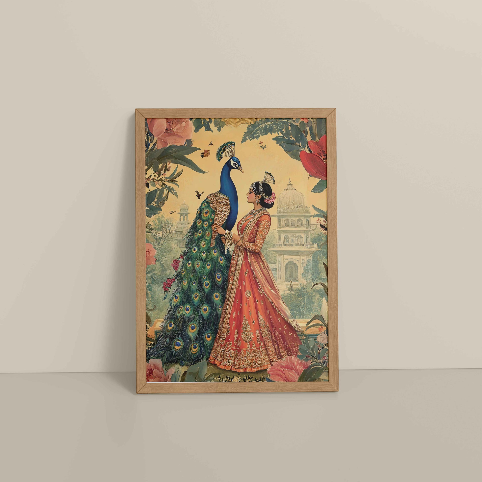 Floor View of Royal Queen with Beautiful Peacock – Timeless Mughal-Inspired Artwork in Natrual Color Frame
