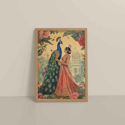 Floor View of Royal Queen with Beautiful Peacock – Timeless Mughal-Inspired Artwork in Natrual Color Frame