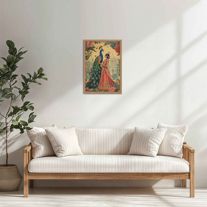 Living Room Cabinet Table Preview of Royal Queen with Beautiful Peacock – Timeless Mughal-Inspired Artwork in Natrual Color Frame