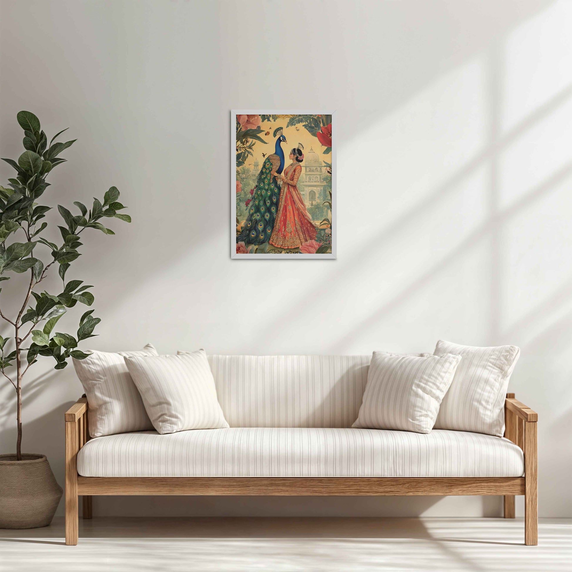 Living Room Cabinet Table Preview of Royal Queen with Beautiful Peacock – Timeless Mughal-Inspired Artwork in White Color Frame