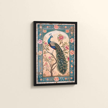 Side View of Beautiful Peacock on Tree – Floral Wall Painting & Decor in Black Color Frame