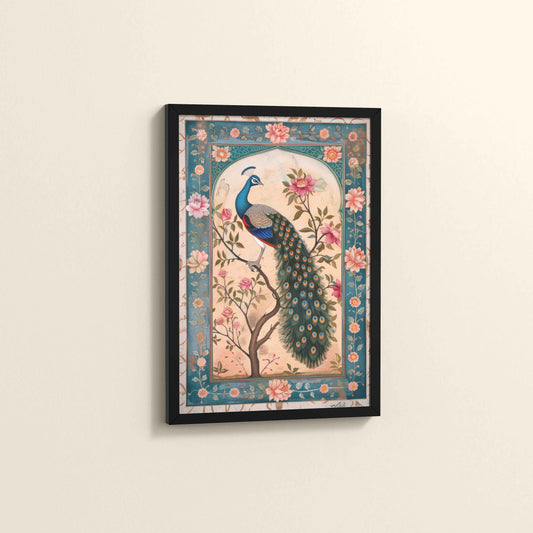 Side View of Beautiful Peacock on Tree – Floral Wall Painting & Decor in Black Color Frame