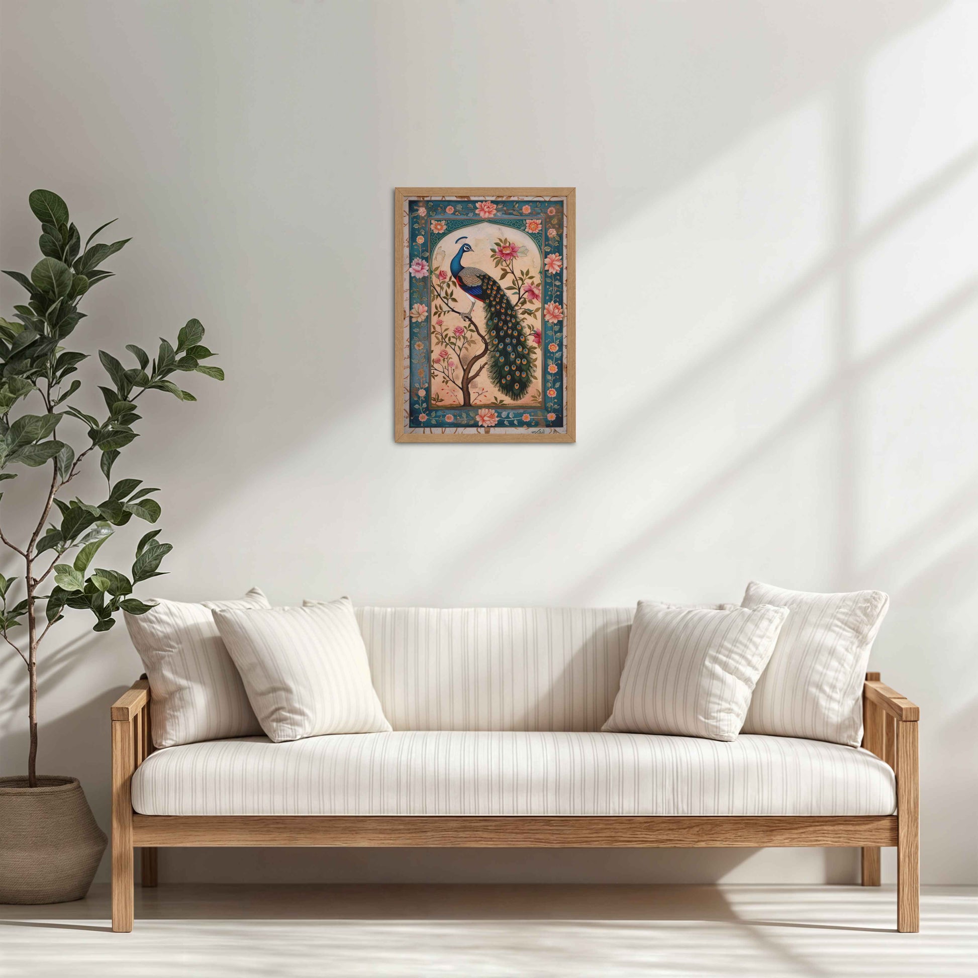 Living Room Cabinet Table Preview of Beautiful Peacock on Tree – Floral Wall Painting & Decor in Natrual Color Frame