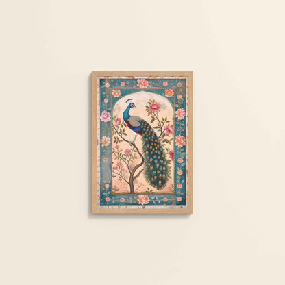 Wall View of Beautiful Peacock on Tree – Floral Wall Painting & Decor in Natrual Color Frame