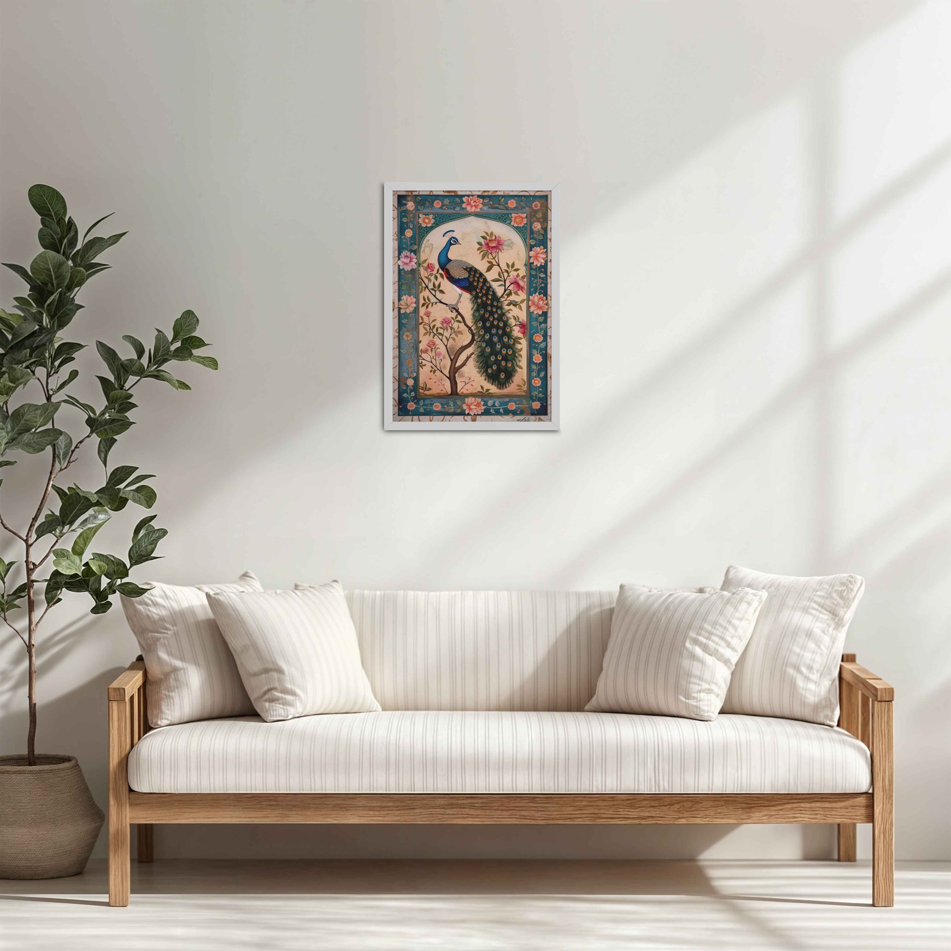 Living Room Cabinet Table Preview of Beautiful Peacock on Tree – Floral Wall Painting & Decor in White Color Frame