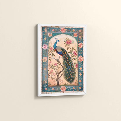 Side View of Beautiful Peacock on Tree – Floral Wall Painting & Decor in White Color Frame