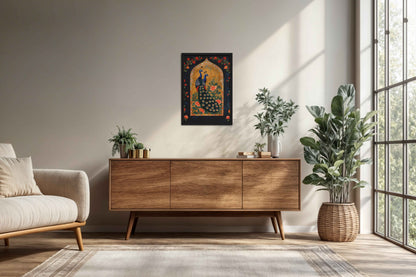 Living Room Cabinet Preview of Mughal-Persian Elegance – Peacocks & Plant Motif Wall Frame in Black Color Frame