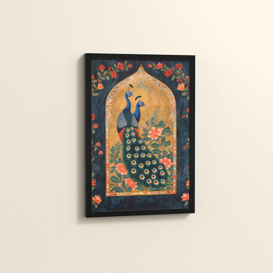 Side View of Mughal-Persian Elegance – Peacocks & Plant Motif Wall Frame in Black Color Frame