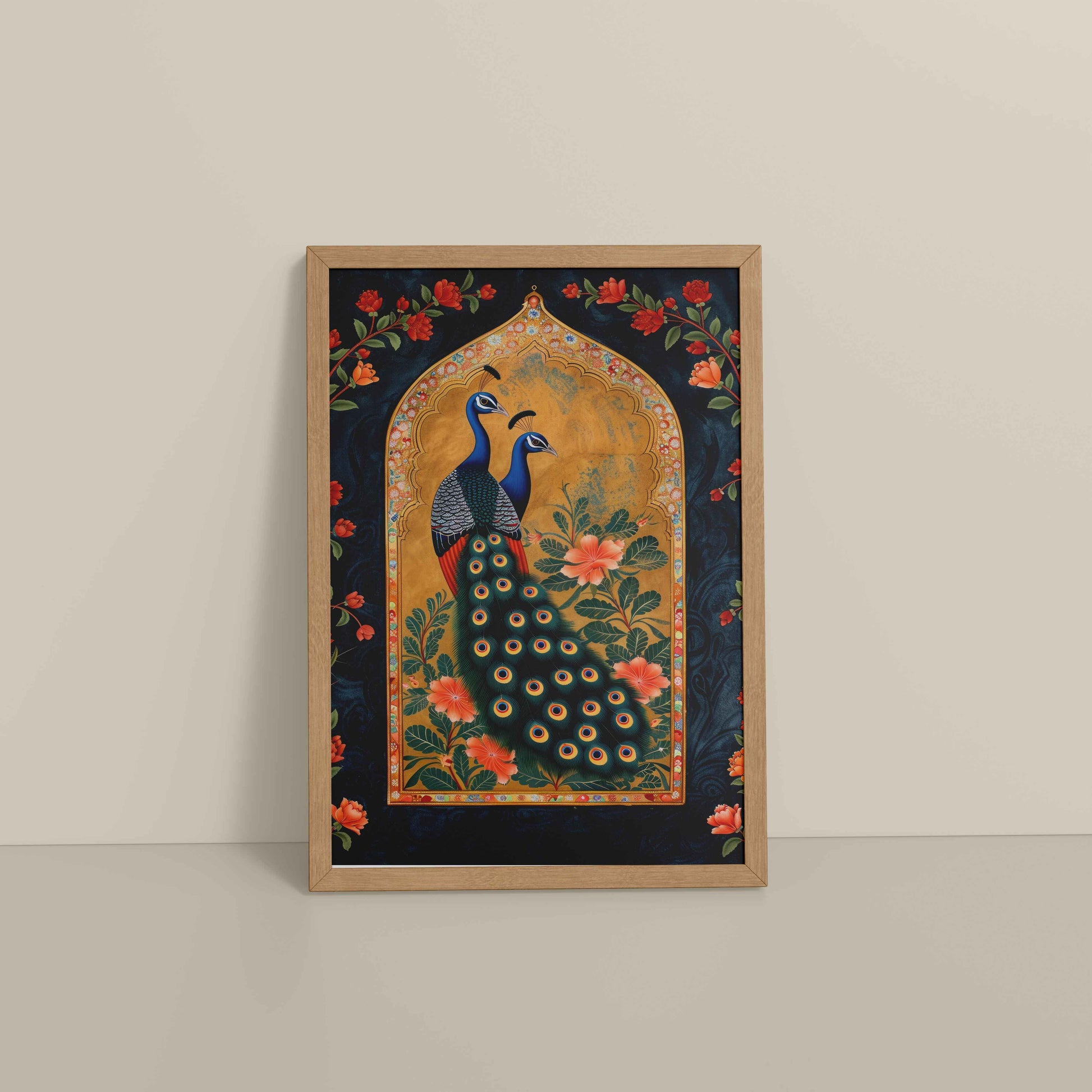 Floor View of Mughal-Persian Elegance – Peacocks & Plant Motif Wall Frame in Natrual Color Frame