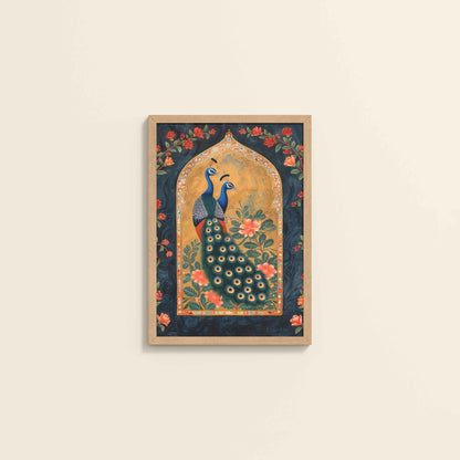 Wall View of Mughal-Persian Elegance – Peacocks & Plant Motif Wall Frame in Natrual Color Frame