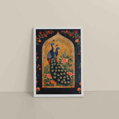 Floor View of Mughal-Persian Elegance – Peacocks & Plant Motif Wall Frame in White Color Frame