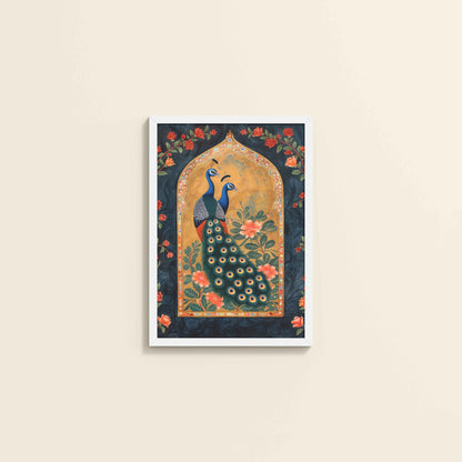 Wall View of Mughal-Persian Elegance – Peacocks & Plant Motif Wall Frame in White Color Frame