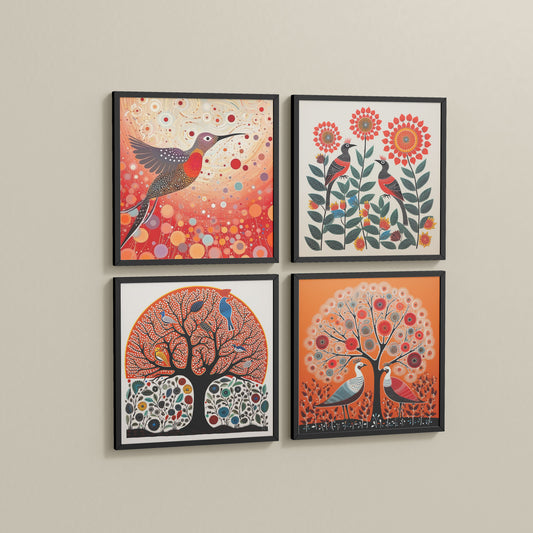 Side View of Madhubani Birds & Trees Wall Art Decor Set of 4 in Black Color Frame