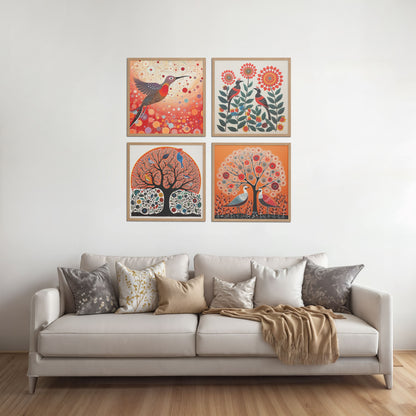 Living Room Sofa Preview of Madhubani Birds & Trees Wall Art Decor Set of 4 in Natrual Color Frame