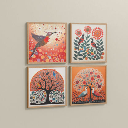 Side View of Madhubani Birds & Trees Wall Art Decor Set of 4 in Natrual Color Frame