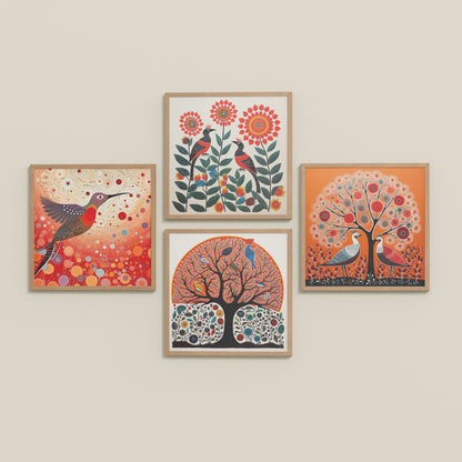 Inclined Floor View of Madhubani Birds & Trees Wall Art Decor Set of 4 in Natrual Color Frame