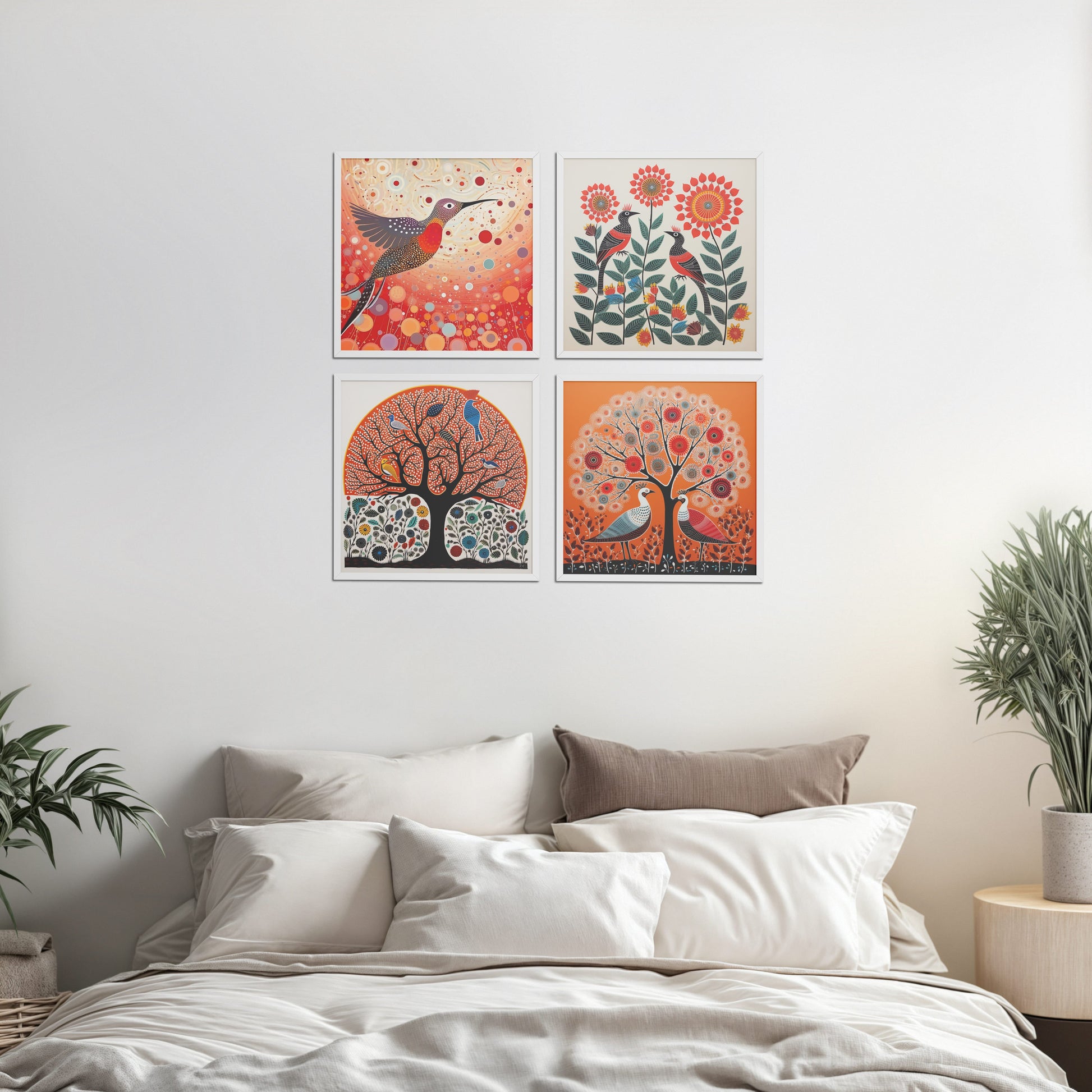 Bed Room Preview of Madhubani Birds & Trees Wall Art Decor Set of 4 in White Color Frame