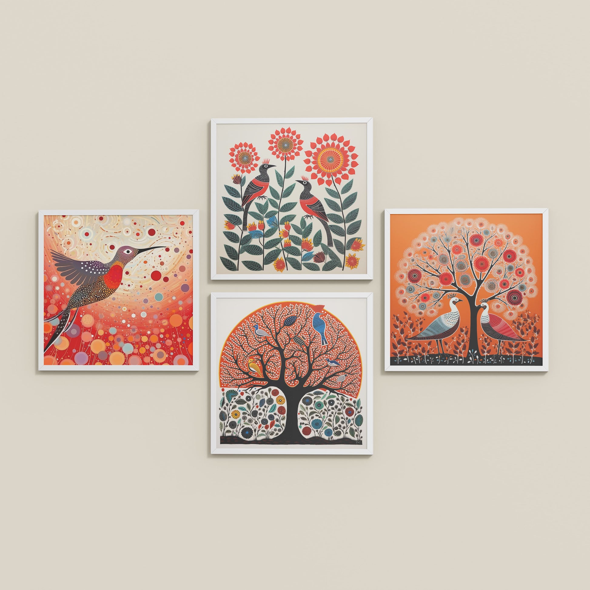 Inclined Floor View of Madhubani Birds & Trees Wall Art Decor Set of 4 in White Color Frame