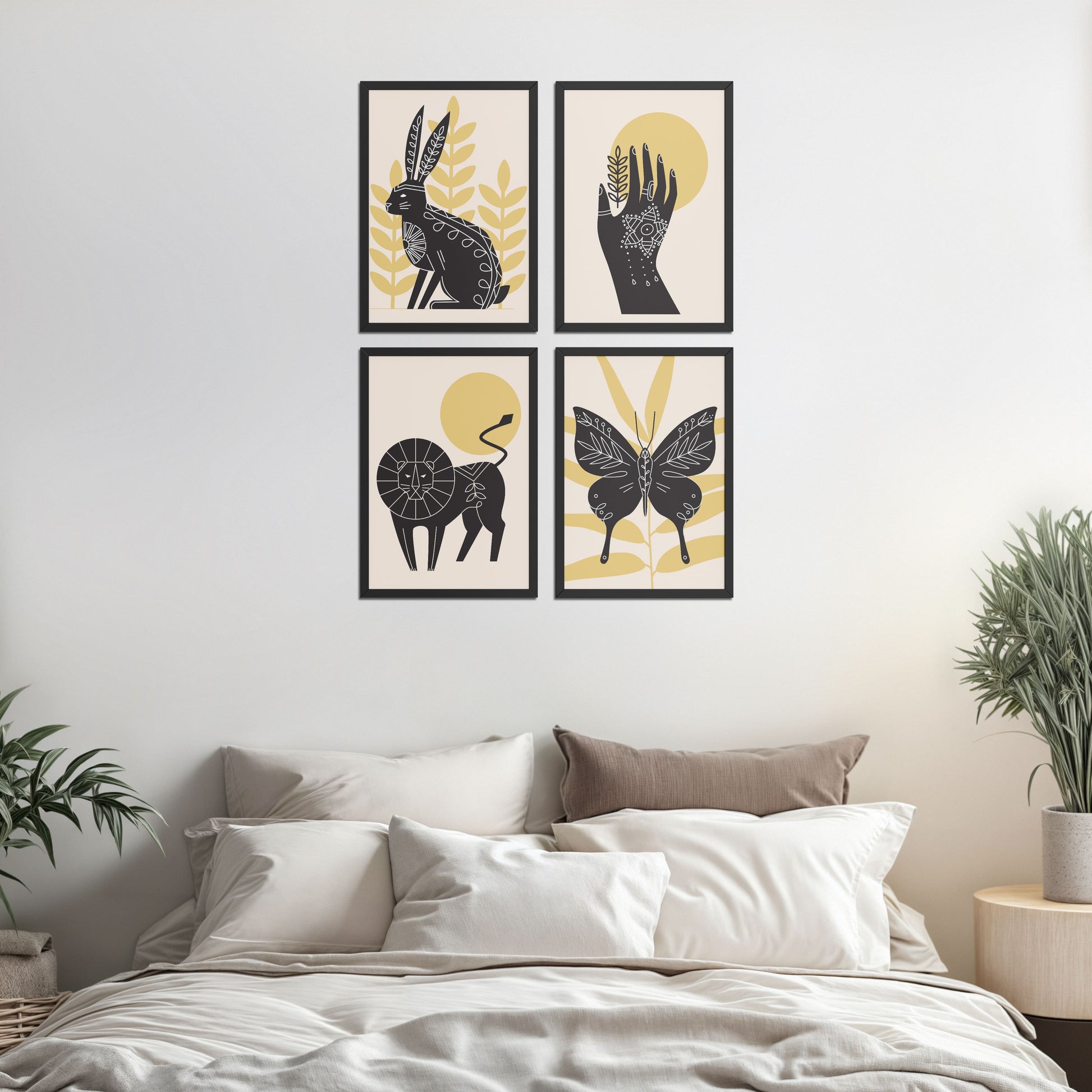 Bed Room Preview of Wild Animal Modern Wall Art Set of 4 Frames in Black Color Frame