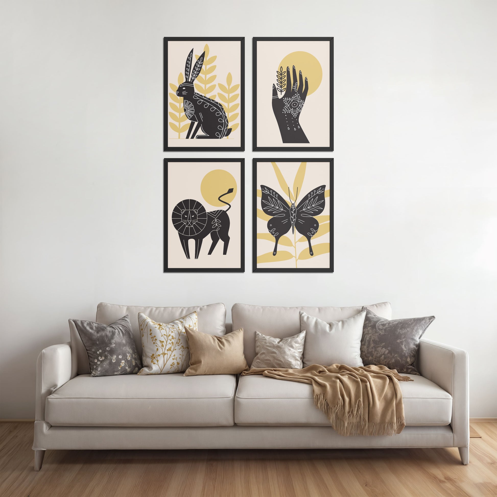 Living Room Sofa Preview of Wild Animal Modern Wall Art Set of 4 Frames in Black Color Frame