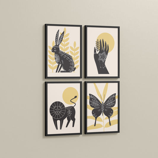 Side View of Wild Animal Modern Wall Art Set of 4 Frames in Black Color Frame