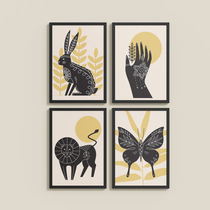 Wall View of Wild Animal Modern Wall Art Set of 4 Frames in Black Color Frame