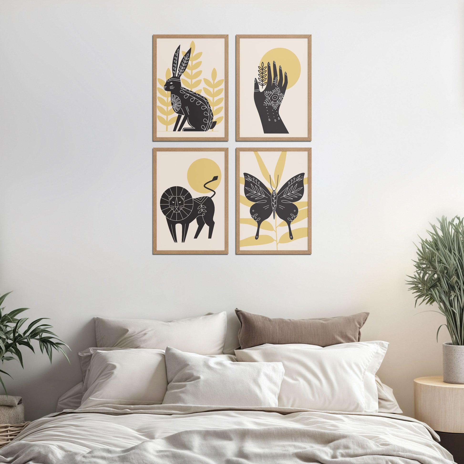 Bed Room Preview of Wild Animal Modern Wall Art Set of 4 Frames in Natrual Color Frame