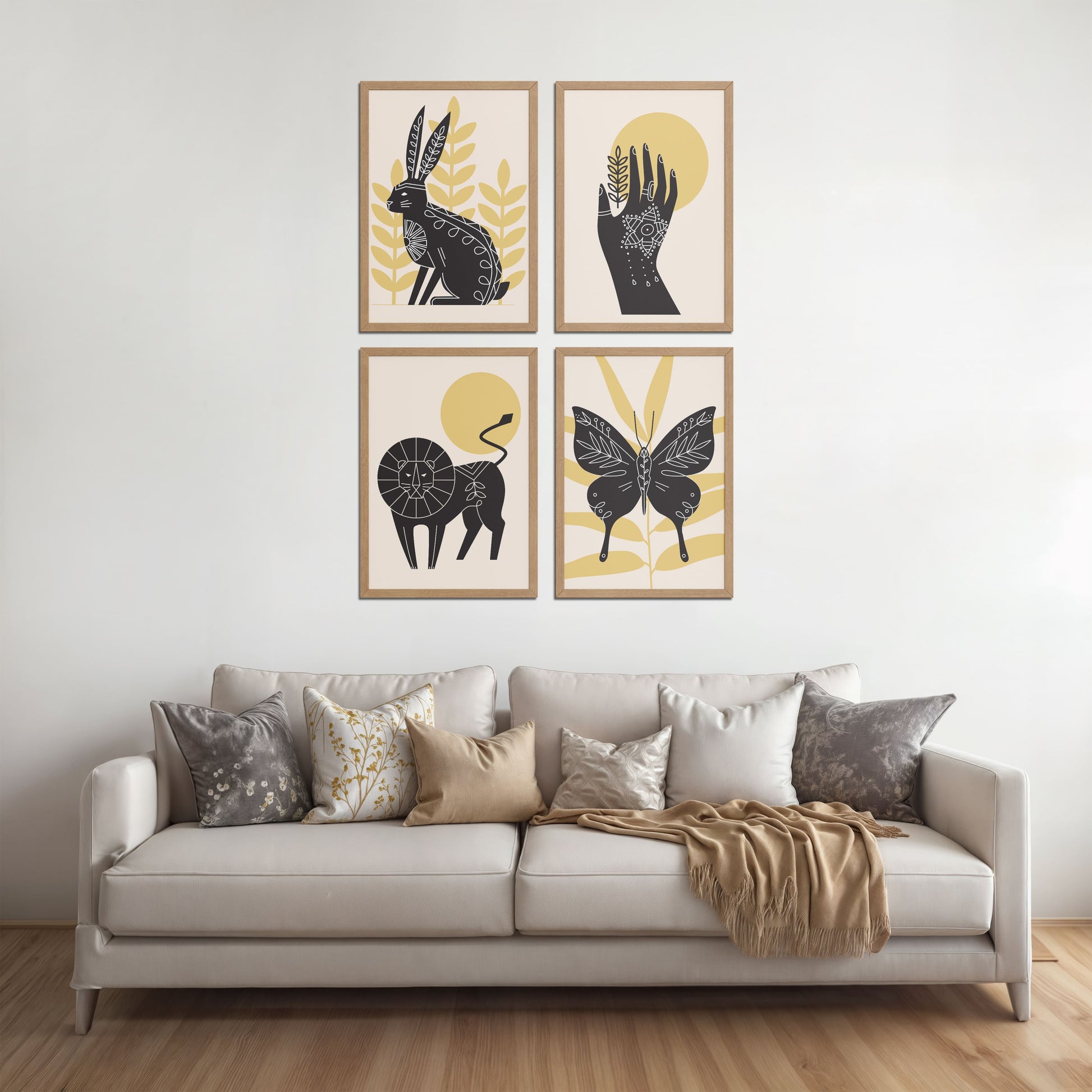 Living Room Sofa Preview of Wild Animal Modern Wall Art Set of 4 Frames in Natrual Color Frame