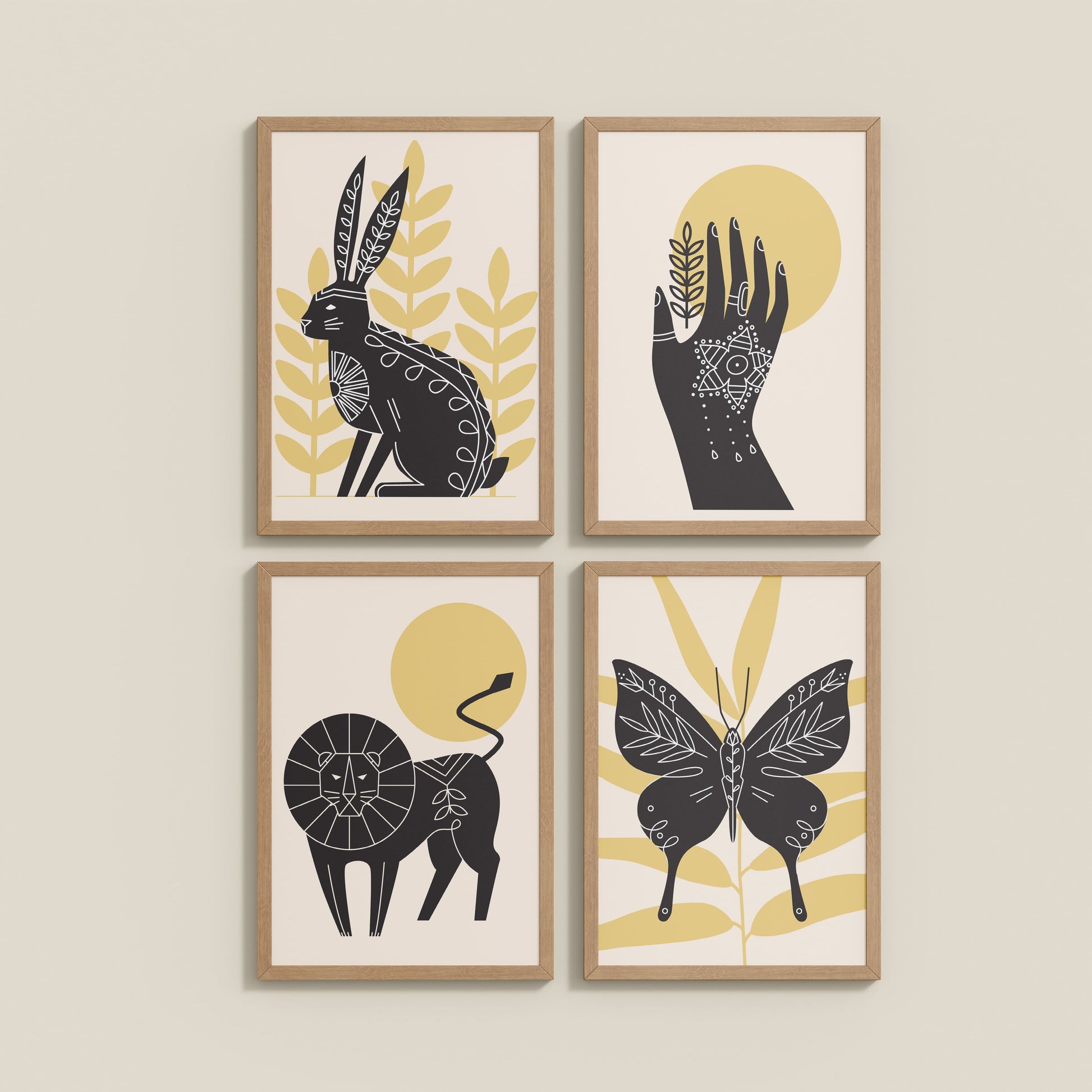 Wall View of Wild Animal Modern Wall Art Set of 4 Frames in Natrual Color Frame