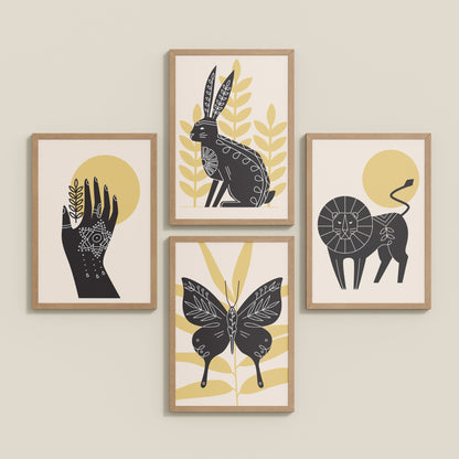 Inclined Floor View of Wild Animal Modern Wall Art Set of 4 Frames in Natrual Color Frame