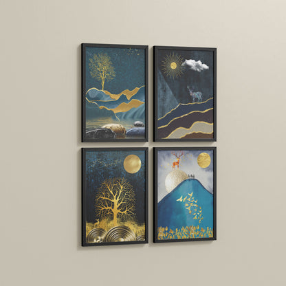 Side View of Moonlit Majesty – Nature & Deer Art Decor Set of 4 in Black Color Frame