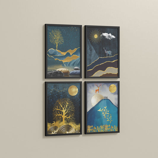 Side View of Moonlit Majesty – Nature & Deer Art Decor Set of 4 in Black Color Frame