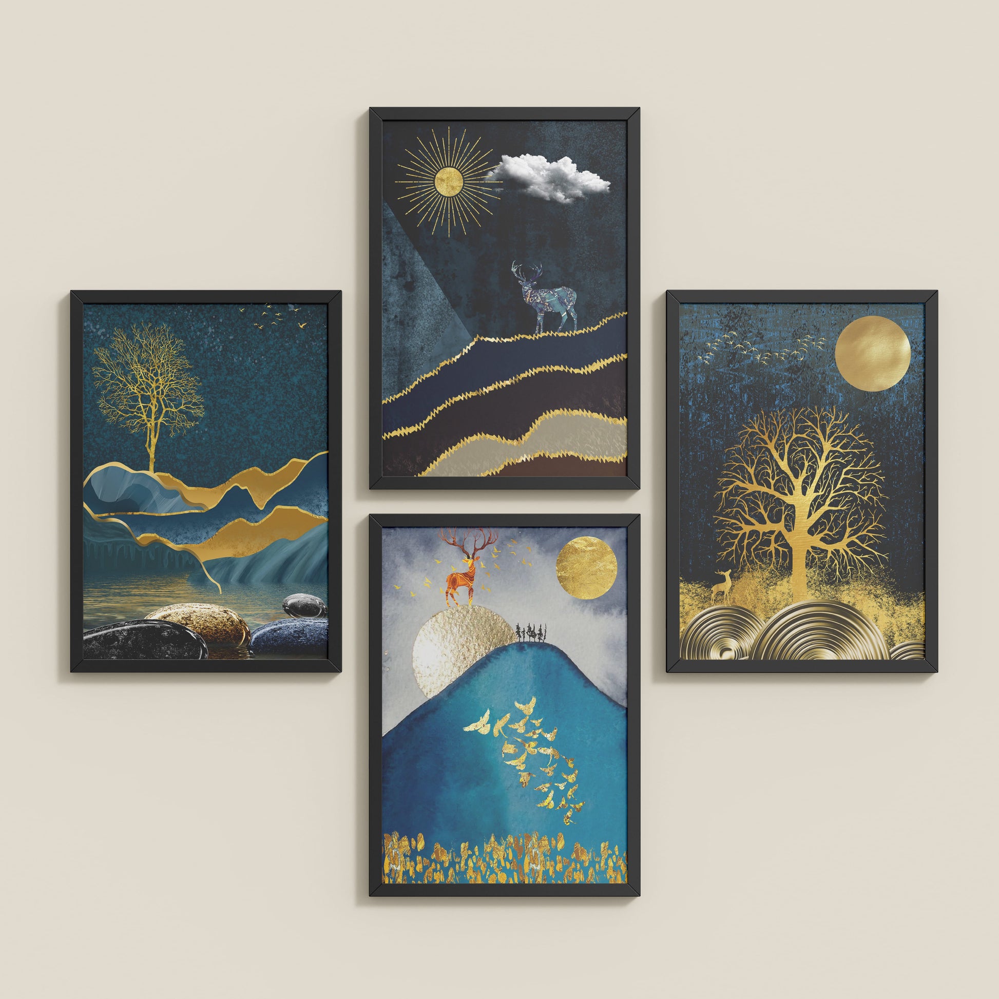 Inclined Floor View of Moonlit Majesty – Nature & Deer Art Decor Set of 4 in Black Color Frame