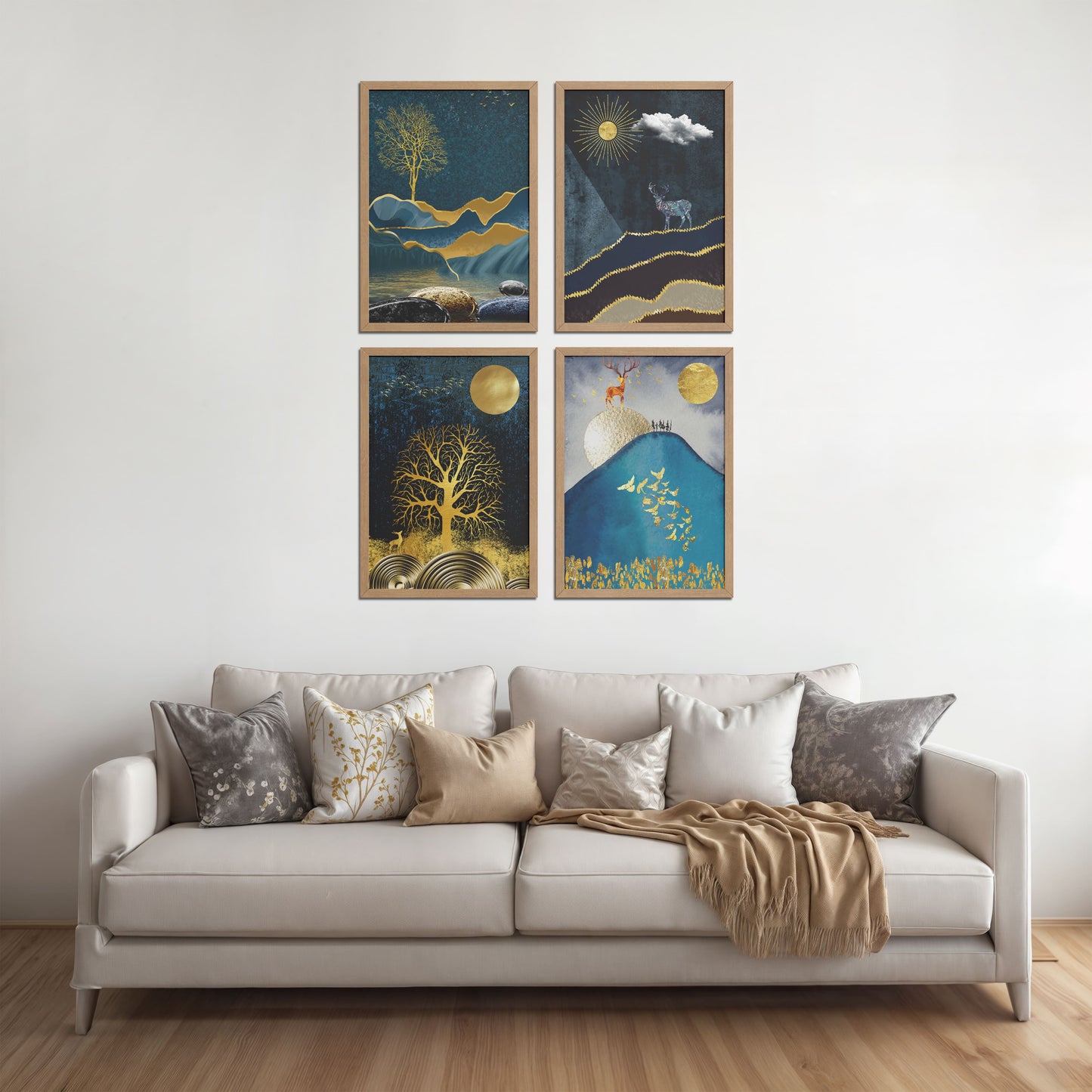 Living Room Sofa Preview of Moonlit Majesty – Nature & Deer Art Decor Set of 4 in Natrual Color Frame