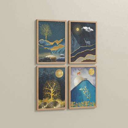 Side View of Moonlit Majesty – Nature & Deer Art Decor Set of 4 in Natrual Color Frame
