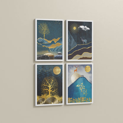 Side View of Moonlit Majesty – Nature & Deer Art Decor Set of 4 in White Color Frame