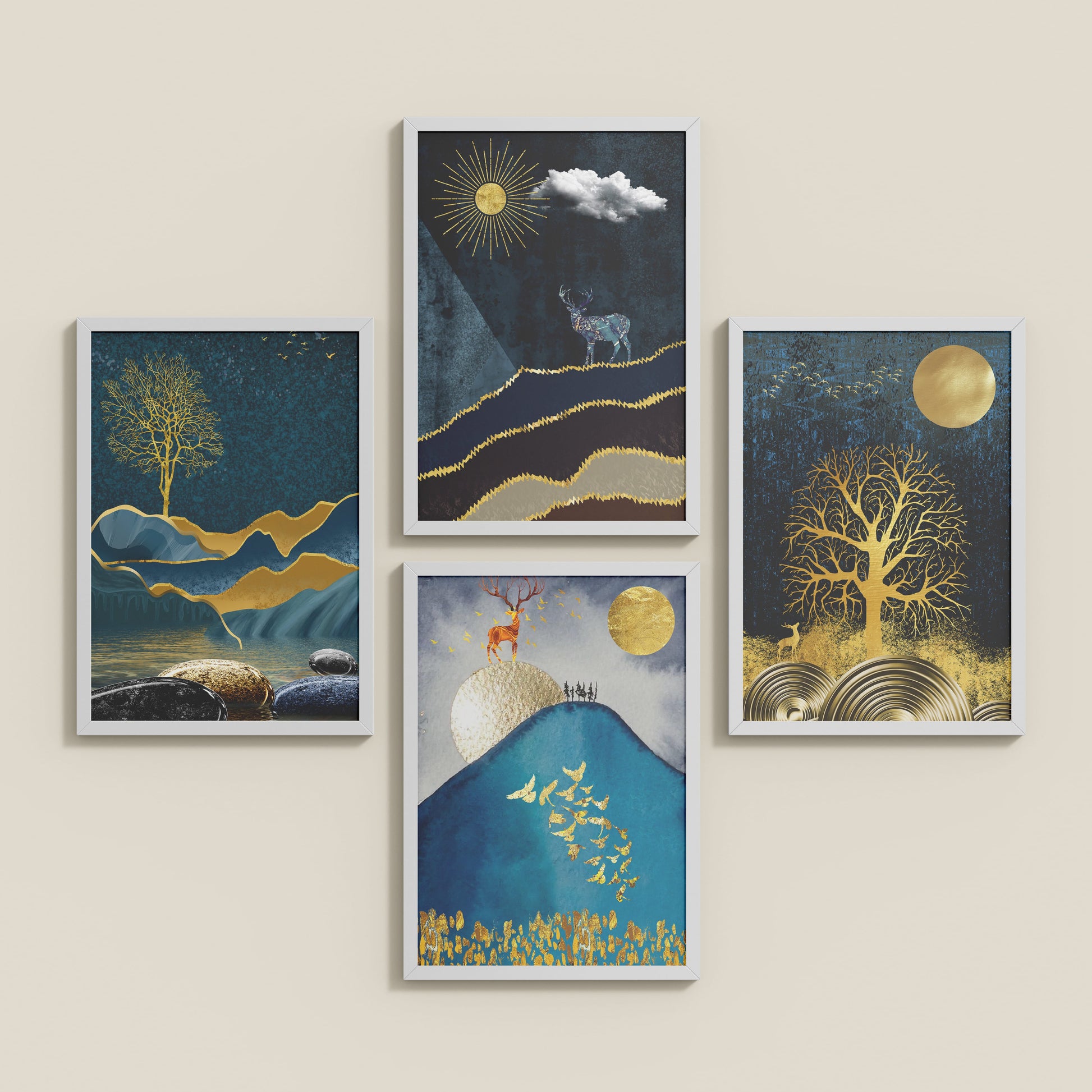 Inclined Floor View of Moonlit Majesty – Nature & Deer Art Decor Set of 4 in White Color Frame