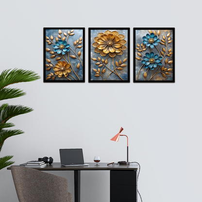 Abstract Golden & Blue Floral Art Frames & Wall Décor
