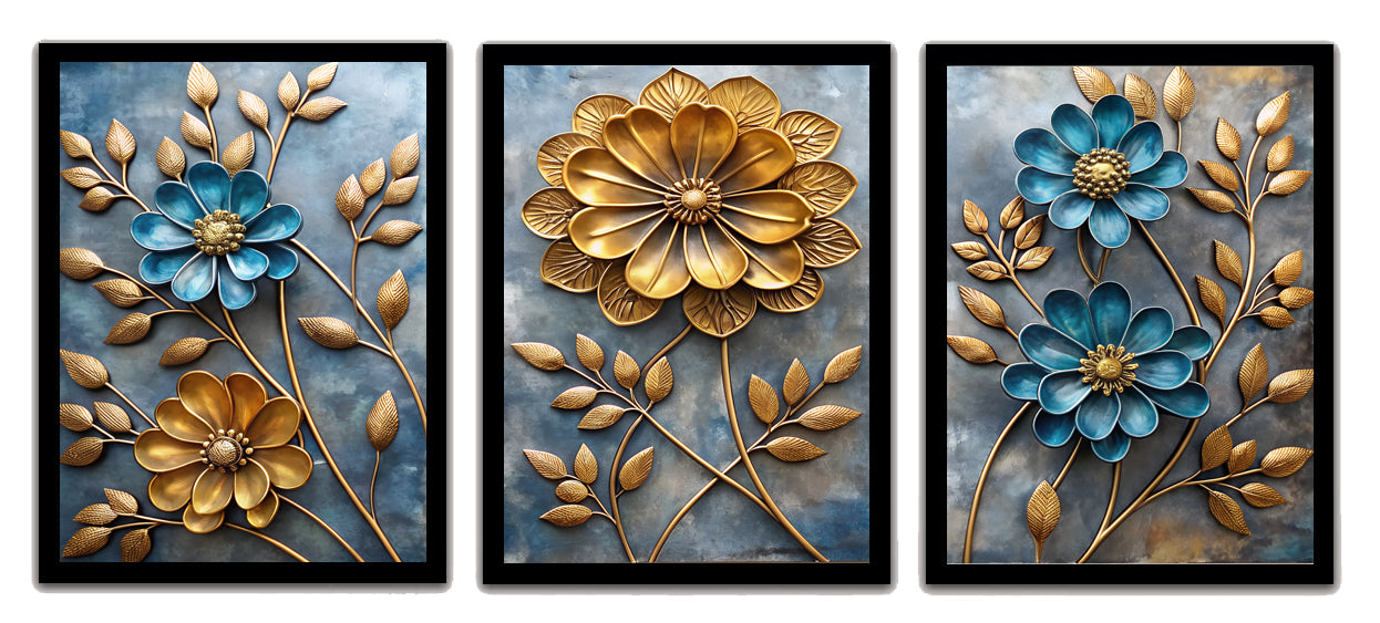 Abstract Golden & Blue Floral Art Frames & Wall Décor