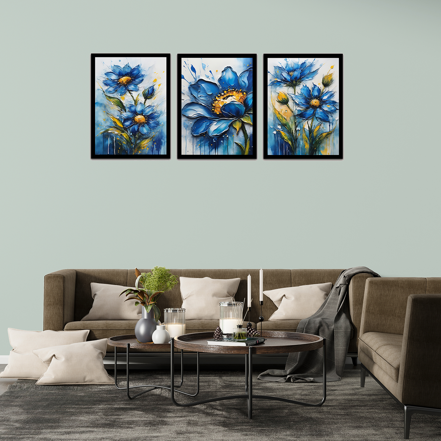 Beautiful Blue & Grey Floral Abstract Painting Frames & Wall Decor