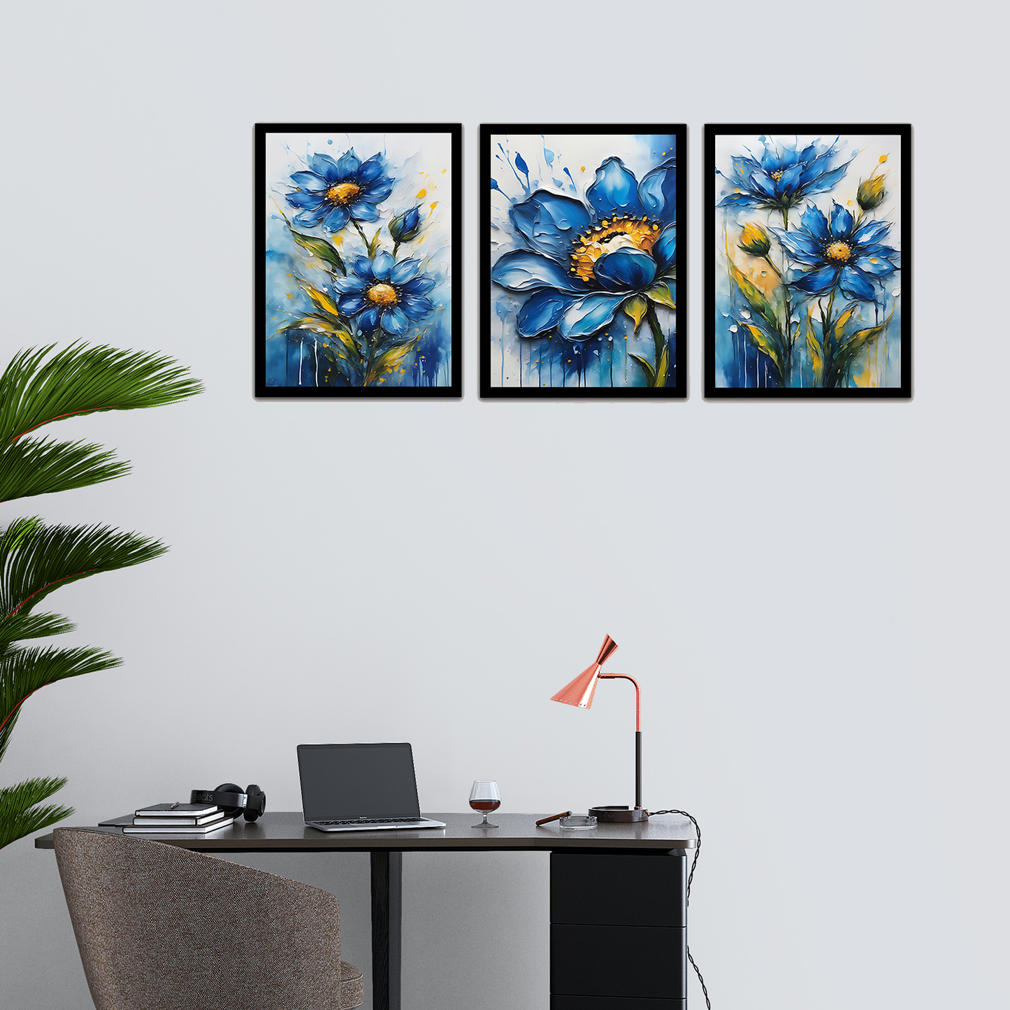 Beautiful Blue & Grey Floral Abstract Painting Frames & Wall Decor