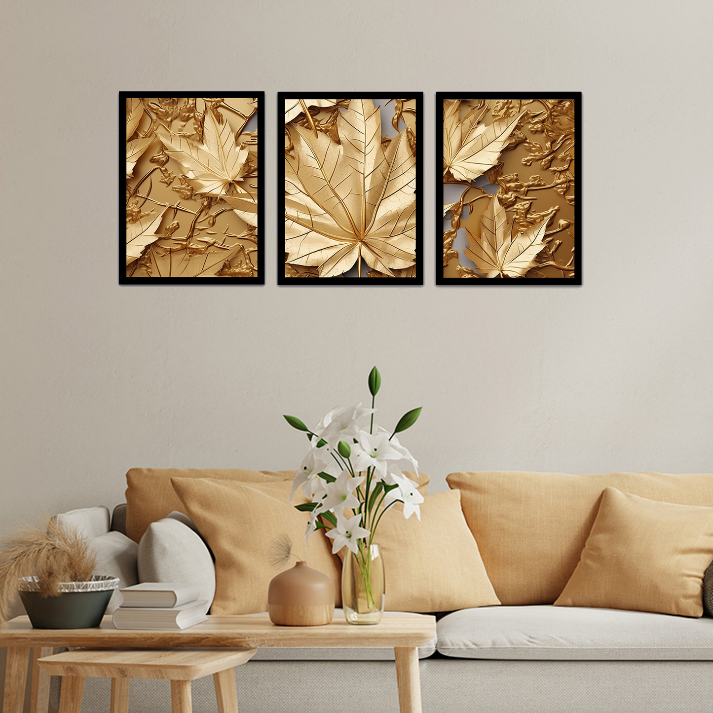 Abstract Golden Leaves Wall Art Frames for Modern Decor