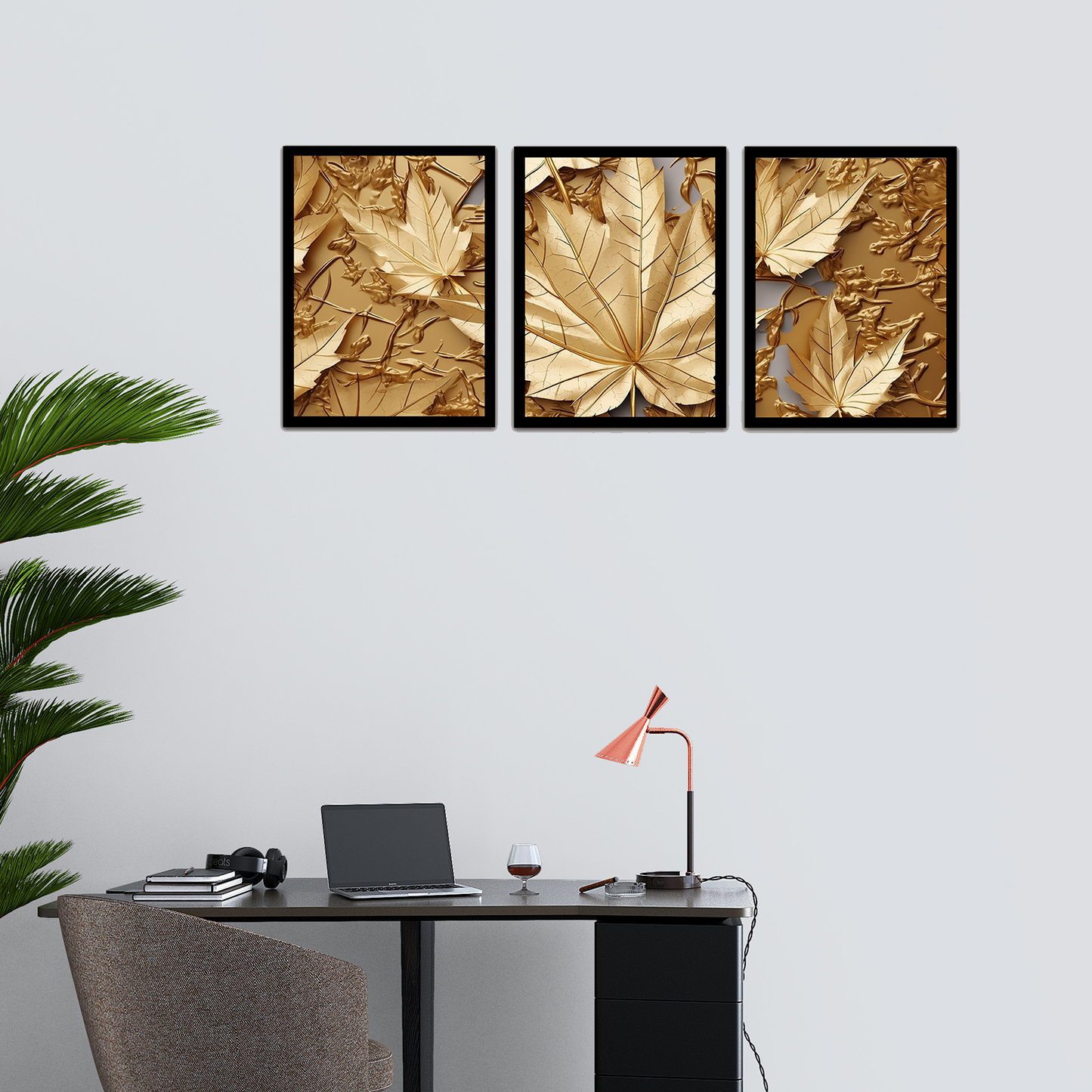 Abstract Golden Leaves Wall Art Frames for Modern Decor