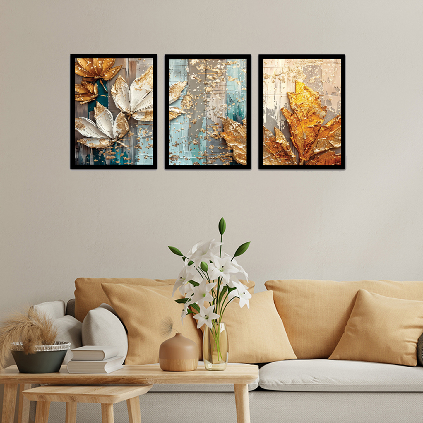 Abstract Floral Gold Leaves Painting Frames & Wall Decor