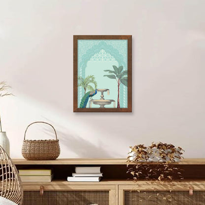 Graceful Peacock on Fountain with Madhubani Art Frame