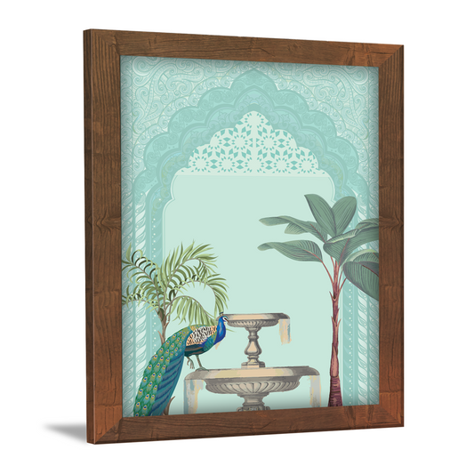Graceful Peacock on Fountain with Madhubani Art Frame