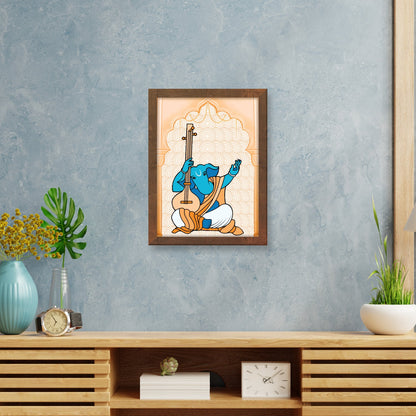 Ganpati Playing the Veena – Traditional Madhubani Folk Art Wall Frame