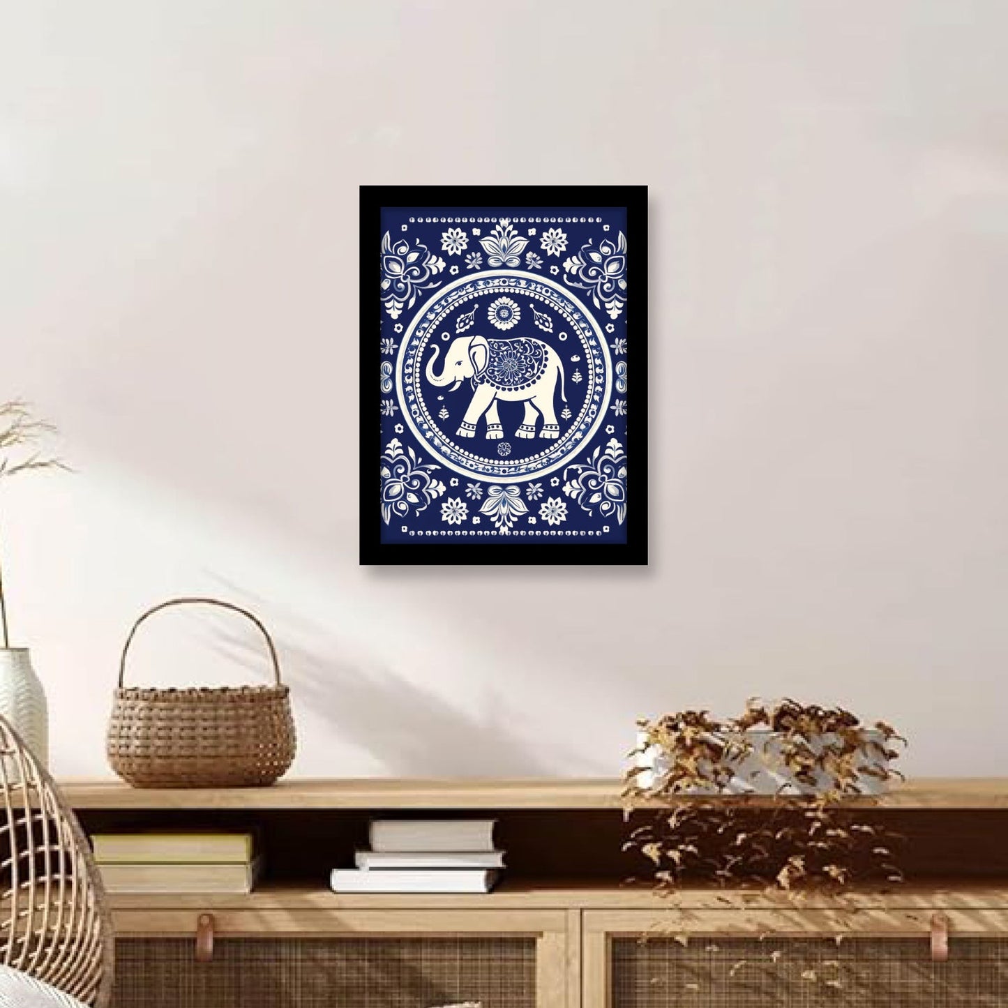 Blue Elephant with Flowers – Kalamkari Art Wall Decor