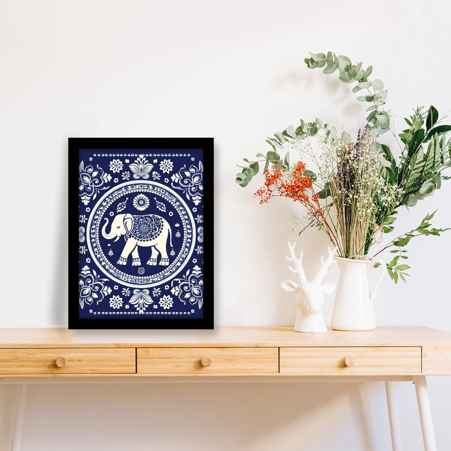 Blue Elephant with Flowers – Kalamkari Art Wall Decor